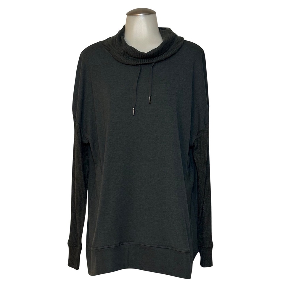 GAIAM Cowl Neck Pullover Women XXL Gray Ribbed Knit Sleeve Pockets Excellent!